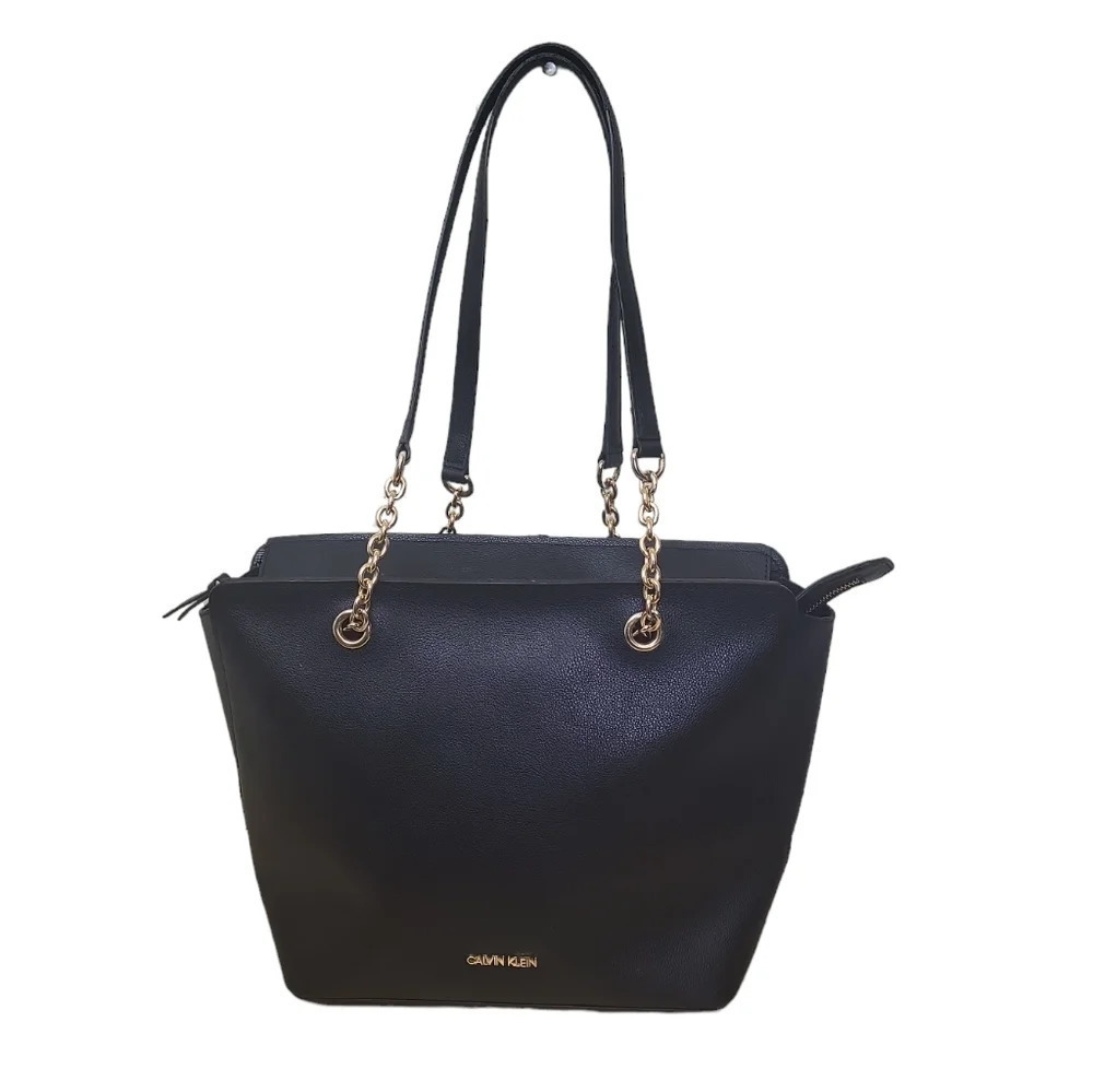 Calvin Klein Hailey Tote Shoulder-Bag Pebbled Leather Black Gold Top Zip Chain